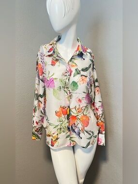 Women's  LUCKY & COCO  Sheer Tropical Button-Down Beige Multicolor Shirt Size M